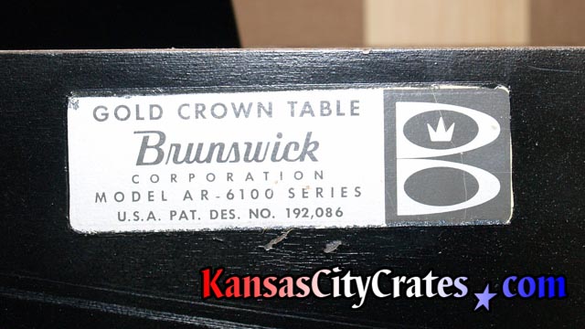 Nameplate on Brusnwick Billiards Table circa 1960.