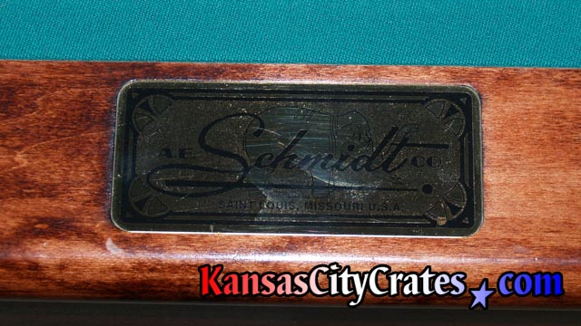 Name plate on antique slate pool table by AE Schmidt, America's 50th oldest family owned business.