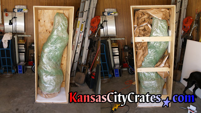 Two views of large bronze statue of ballet dancer with export crate bracing for transport at home in Lenexa KS  66215
