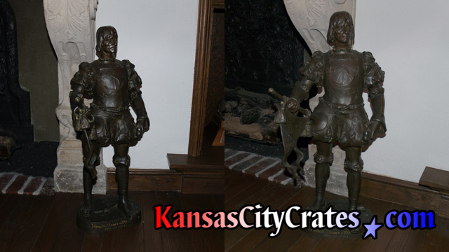 Two views of héraut d'armes wearing tabard and holding horn before crating at mansion in Kansas City MO  64129