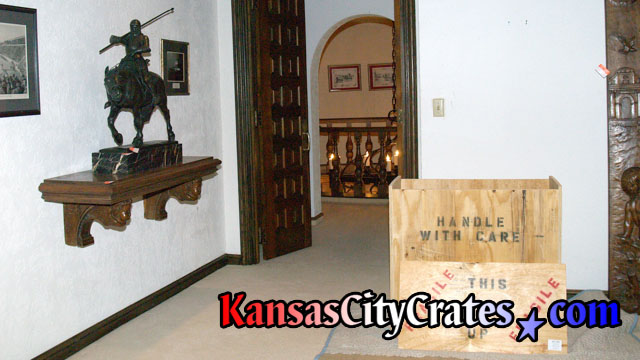 Indestructible Box Crate on flooring protection for Bronze sculpture of Maximilian I, Christian Knight & Holy Roman Emperor 1459-1519 at mansion in Kansas City MO 64129