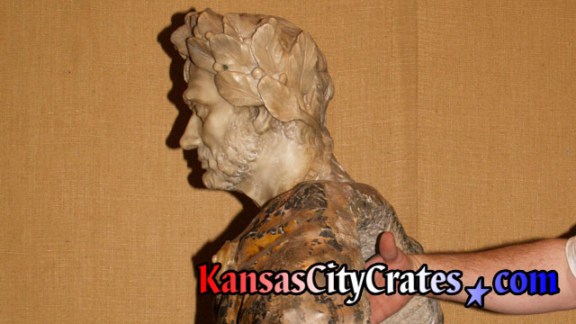 Measuring marble bust sculpture of Gaius Julius Caesar for packing and crating at mansion in Kansas City MO 64129