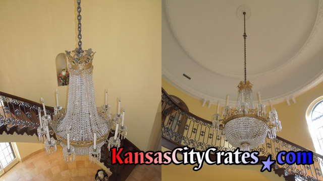 Two views of fine chandelier with crystal bags, drops and original bobeche drip pans before removal for crating.