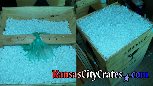 Before and after picture of chandelier crate filled with foam packing peanuts.