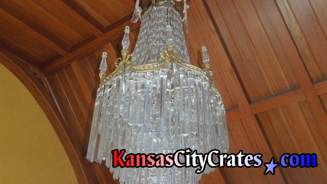 Fine lead crystal waterfall chandelier before removal and crating at home in Overland Park KS  66209