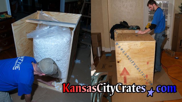 Two views of open crate with chandelier packed with foam peanuts.