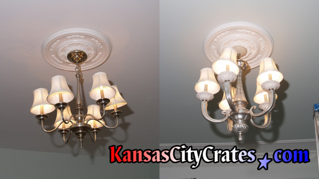 Two Venetian lantern chandeliers in Kansas City home before removal and crating.