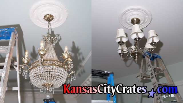 Large lead crystal chandelier with festoon and bag with drops under arms.