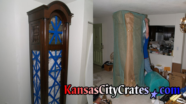 Two views of grandfather clock cabinet preparation for crating after movement is stabilized for transport.