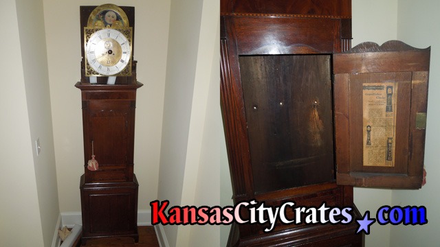 Two views showing antique grandfather clock cabinet with bonnet removed and door open showing points in back of cabinet where it was fastened to the wall.