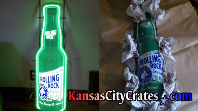 Two views of Rolling Rock neon sign being crated for shipping.