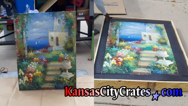 Frameless oil painting inside foam lined export crate.