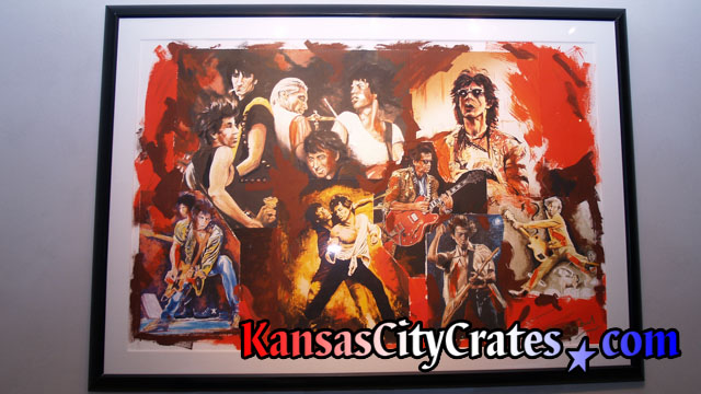 Montage of different Ronnie Wood oil paintings hanging on wall at mansion in Mission Hills KS