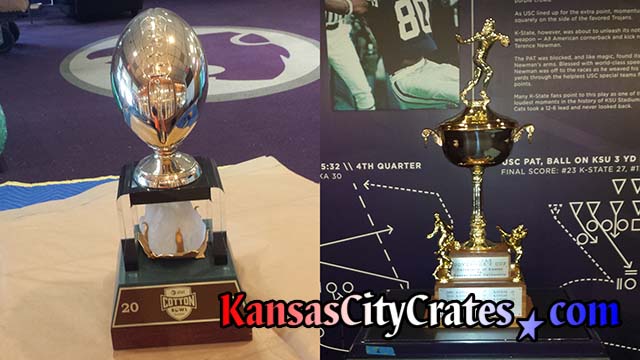Two views of trophies won by Big 12 Conference Football team