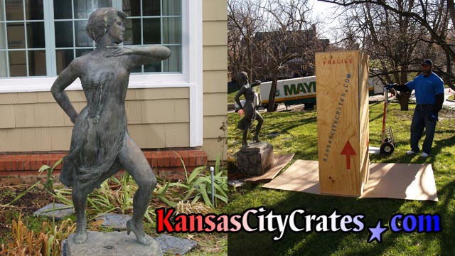 Solid wall export crate in yard with bronze statue of dancer staged on carboard for packing.