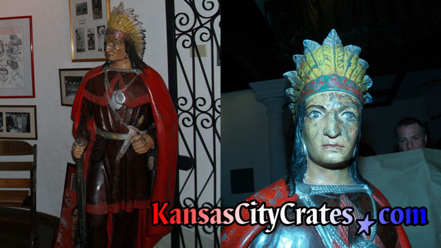Two views of antique American Indian Chief statue packing in crate at Kansas City Mansion.