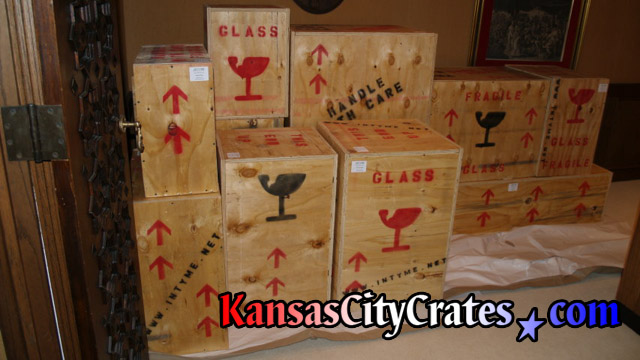 Packed crates staged for loading at art collectors home in Kansas City MO