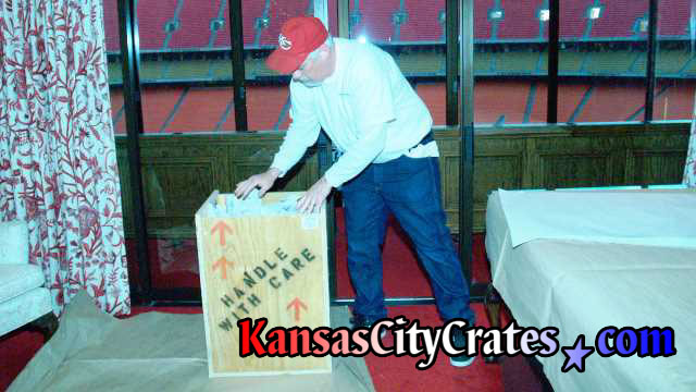 Packing crate inside suite at Arrowhead Stadium