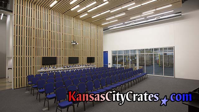 Eye level view of conference and training room using pallets built by Kansas City Crates