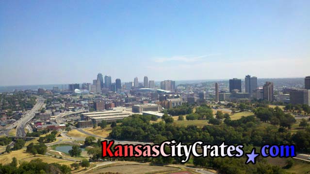 View from an upper floor of One Park Place condos looking north showing Penn Valley Park and the Kansas CIty Skyline.