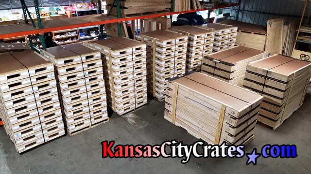 Overhead view of 60 shock pallets and 35 ramps ready for shipping