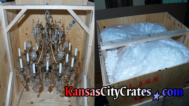 Vanderbilt gold and crystal chandelier crated for transport